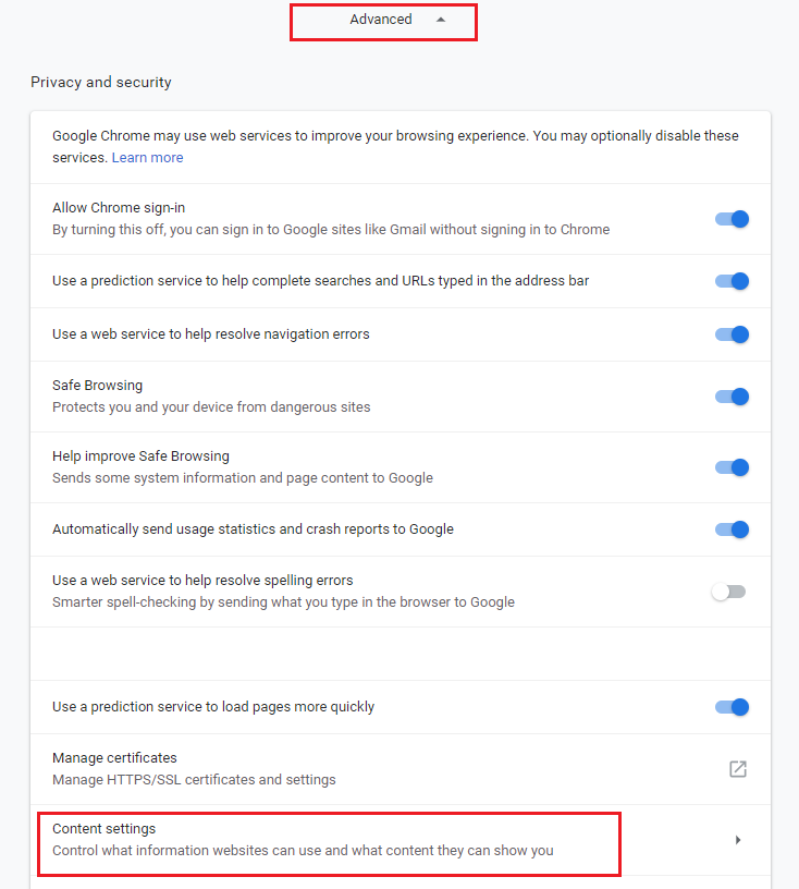 Chrome Advance Settings